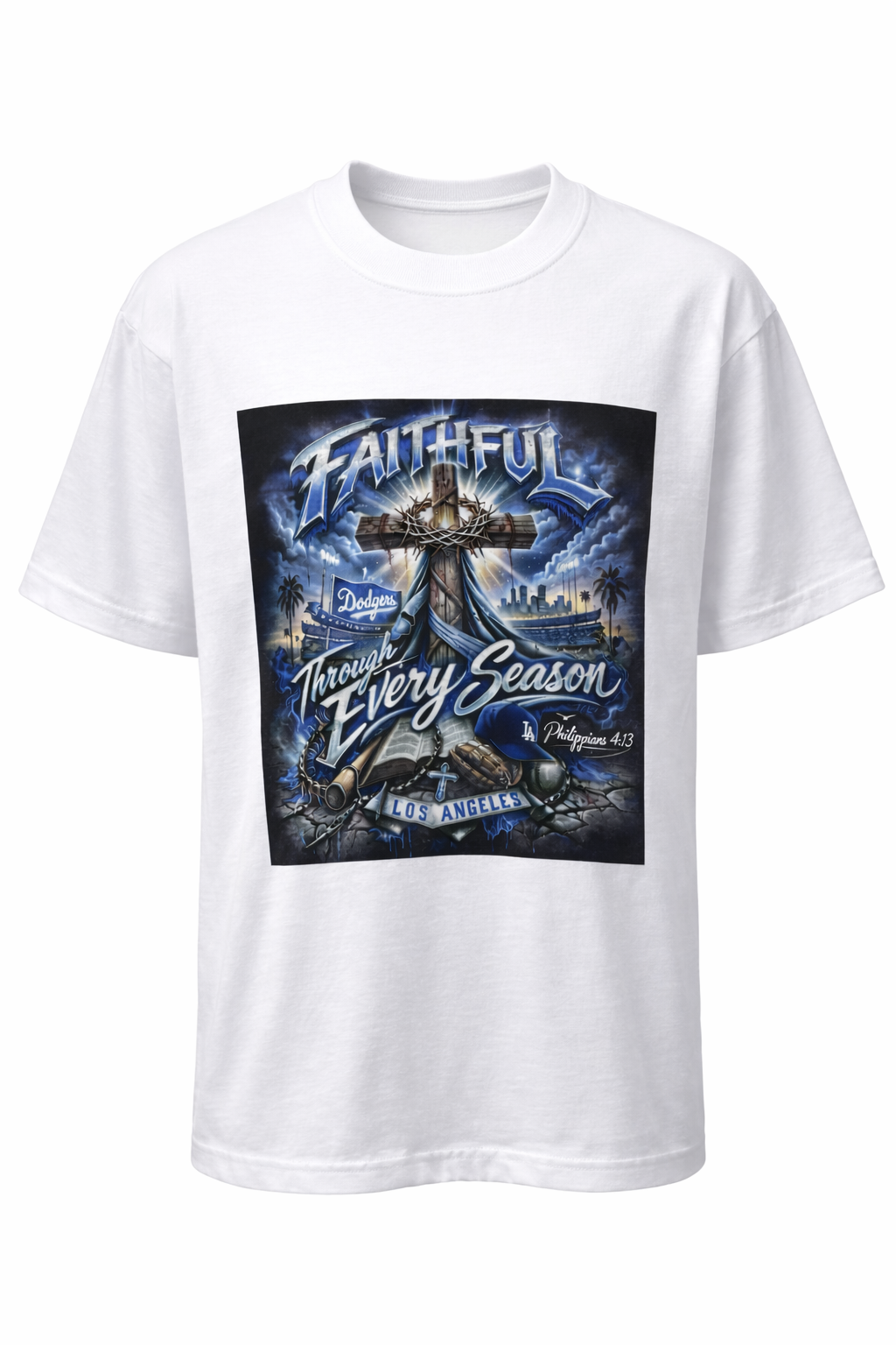 faith over everything graphic with cross, Los Angeles skyline and dodger blue theme Chistian shirt design; dodger inspired faith based graphic design with cross, Los Angeles skyline and Dodger blue theme Christian shirt design; Dodgers and faith based shirt