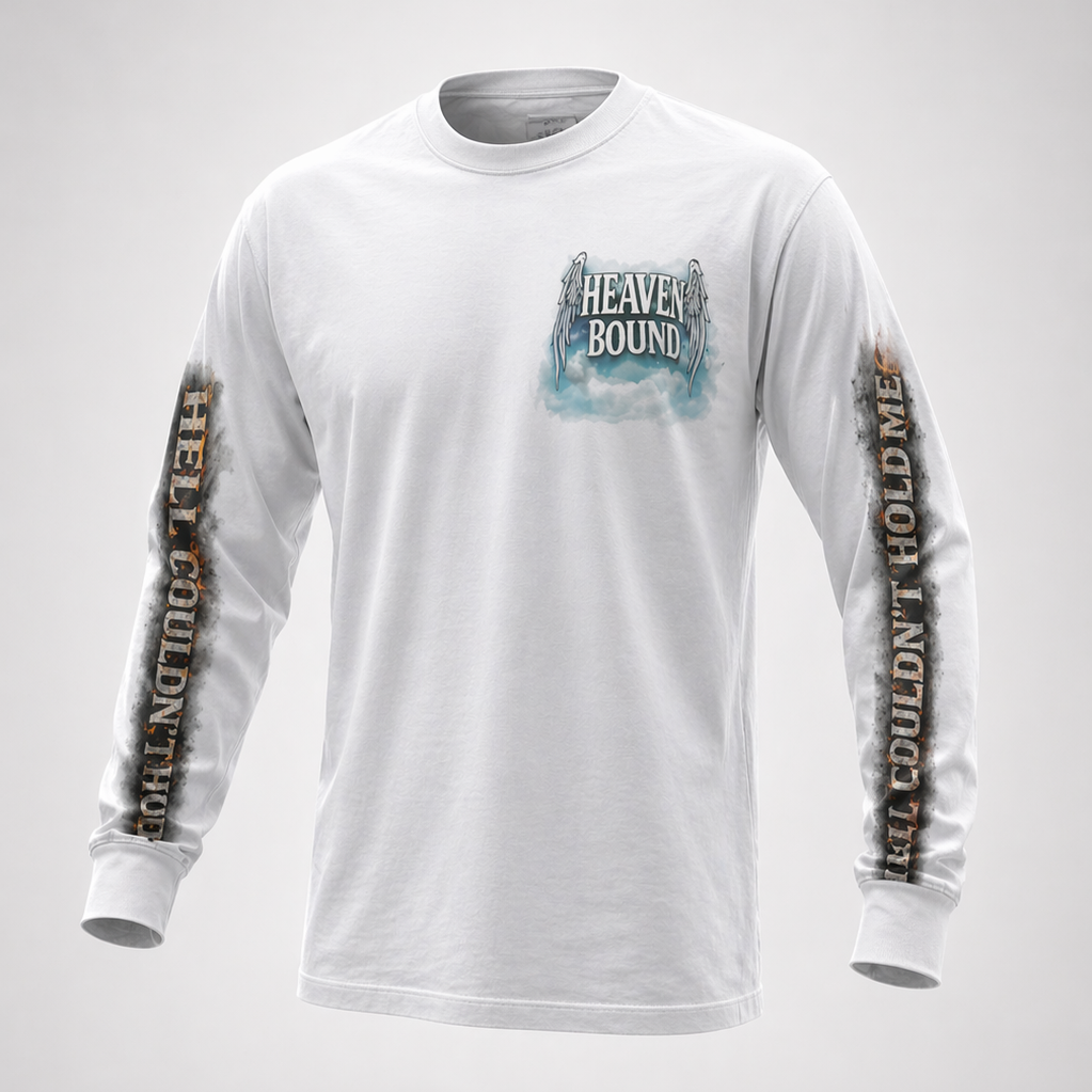 Long sleeve meant for bikers, Faith based clothing for bikers Heaven bound with the words "Hell couldn't hold me" on the sleeves 