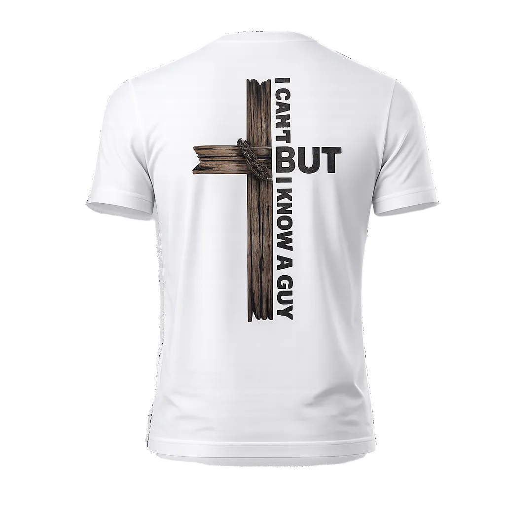 white shirt with image on the back , wooden cross with the word "i can't but I know a guy" , faith based clothing , Christian men's clothing 