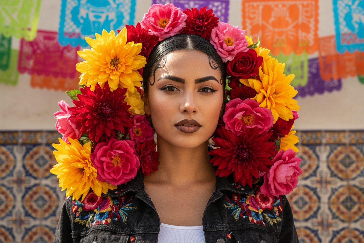 generate an image where there is mexican culture and colorful flowers but there is a woman that looks like an old school chola